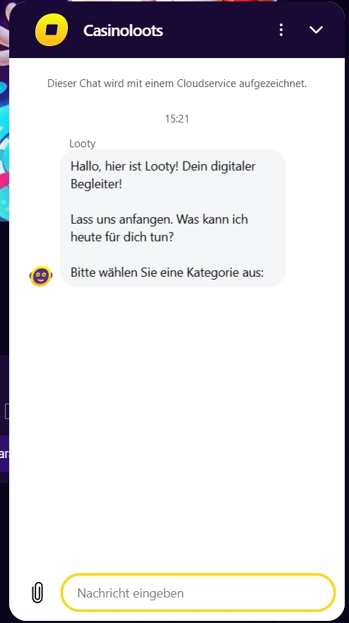 CasinoLoots Casino Live Chat mit Looty Assistent und Support Nachricht im Chat Fenster
