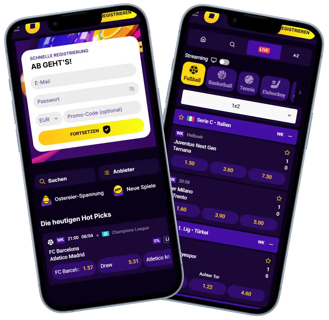 CasinoLoots Casino mobile Version auf Smartphones mit Registrierung Formular und Sportwetten Live Quoten Interface