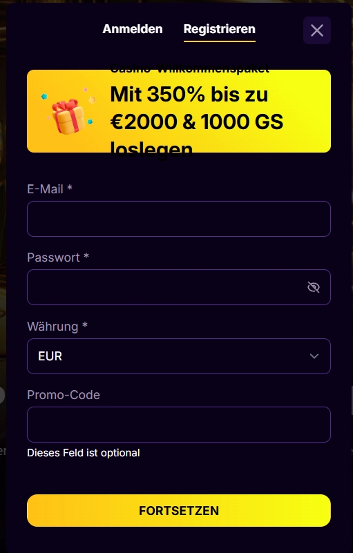 CasinoLoots Casino Registrierungsformular mit Willkommensbonus bis zu 350 Prozent und Freispiele