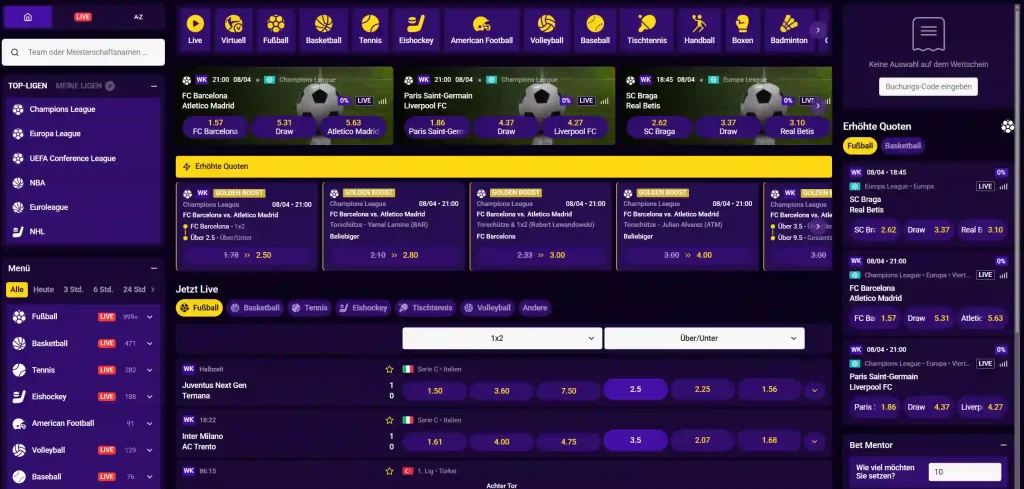 CasinoLoots Casino Sportwetten Bereich mit Live Wetten Fußball Quoten Übersicht und verschiedenen Sportarten im Menü