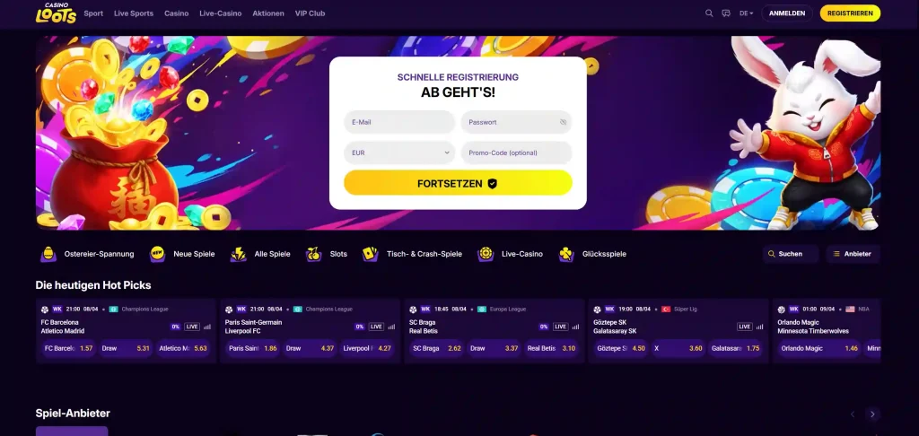 CasinoLoots Casino Startseite mit Registrierungsformular Bonus Banner und Navigation zu Spielen und Sportwetten